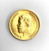 An 1899 gold Russian Nicholas II 10 roubles coin, 8.5g