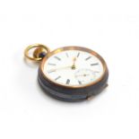 A Swiss gun metal open face repeater fob watch, the white enamel dial with Roman numerals and