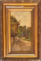 Late 19th/early 20th century oil on board, rural street scene, signed indistinctly lower right,