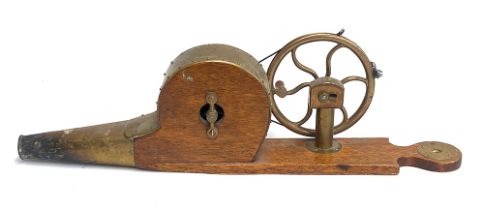 A set of oak and brass mechanical peat bellows, stamped A Richardson, 57cmL