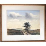 20th century watercolour of tree and moorland, 26.5x35cm