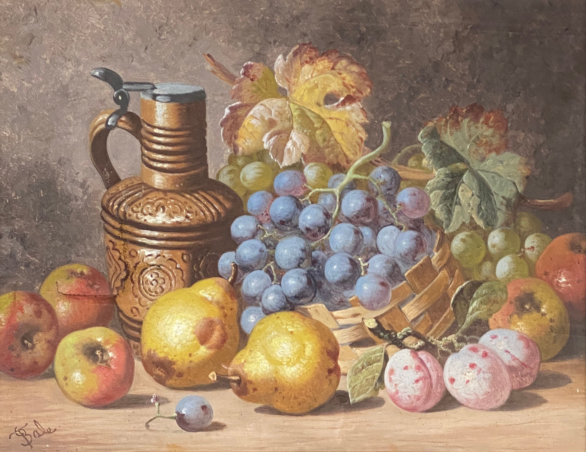 Charles Thomas Bale (1849-1925), still life of fruit with a stoneware flagon, oil on canvas, signed,