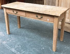 A shallow pine side table with two drawers, on square tapered legs, 135x52x72cmH