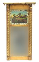 An American Federal period giltwood mirror, with reverse painting on glass scene of a cottage (
