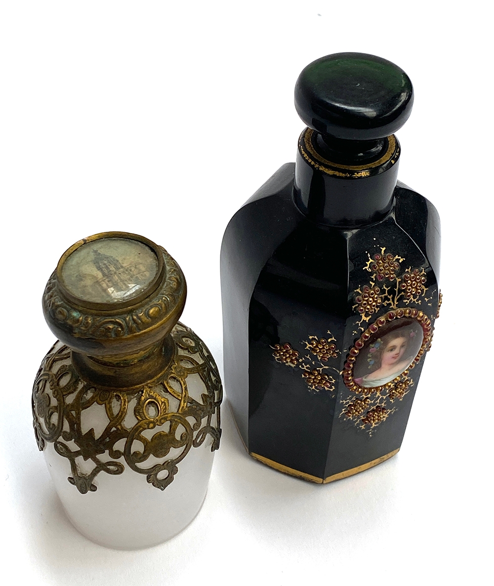 A 19th century French gilt metal mounted dressing table bottle, the lid set with a glazed picture; - Image 2 of 3