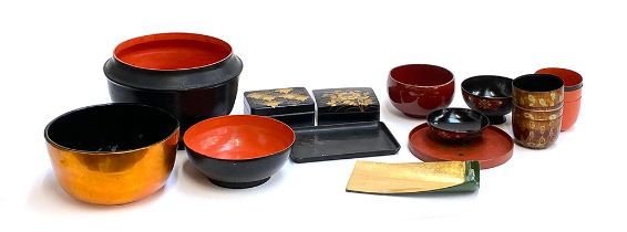 A quantity of mainly Japanese lacquered bowls, boxes, dishes etc