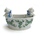 A Meissen style porcelain figural wall planter, white cats within a basket encrusted with flowers,
