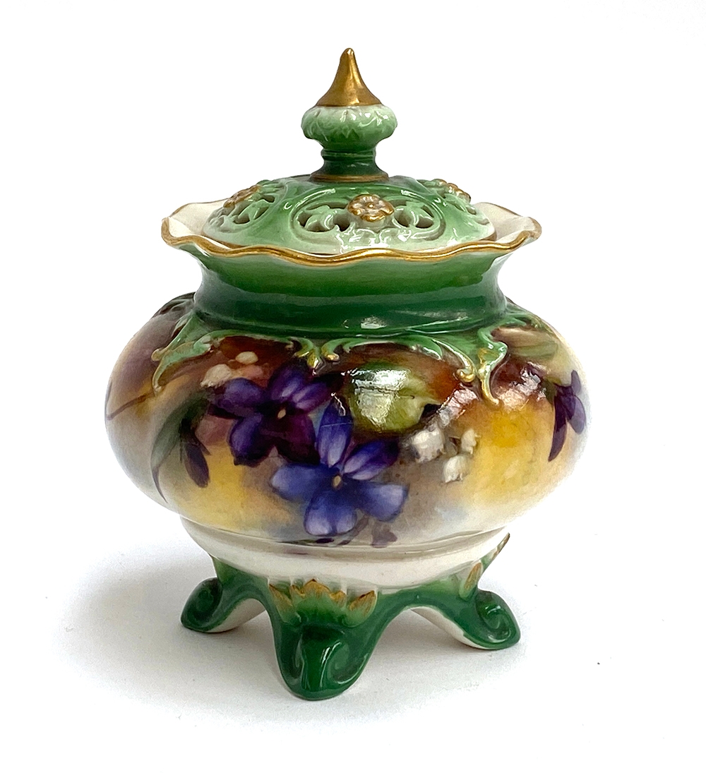 A small Royal Worcester hand painted porcelain potpourri, 10cmH; together with a Royal Worcester