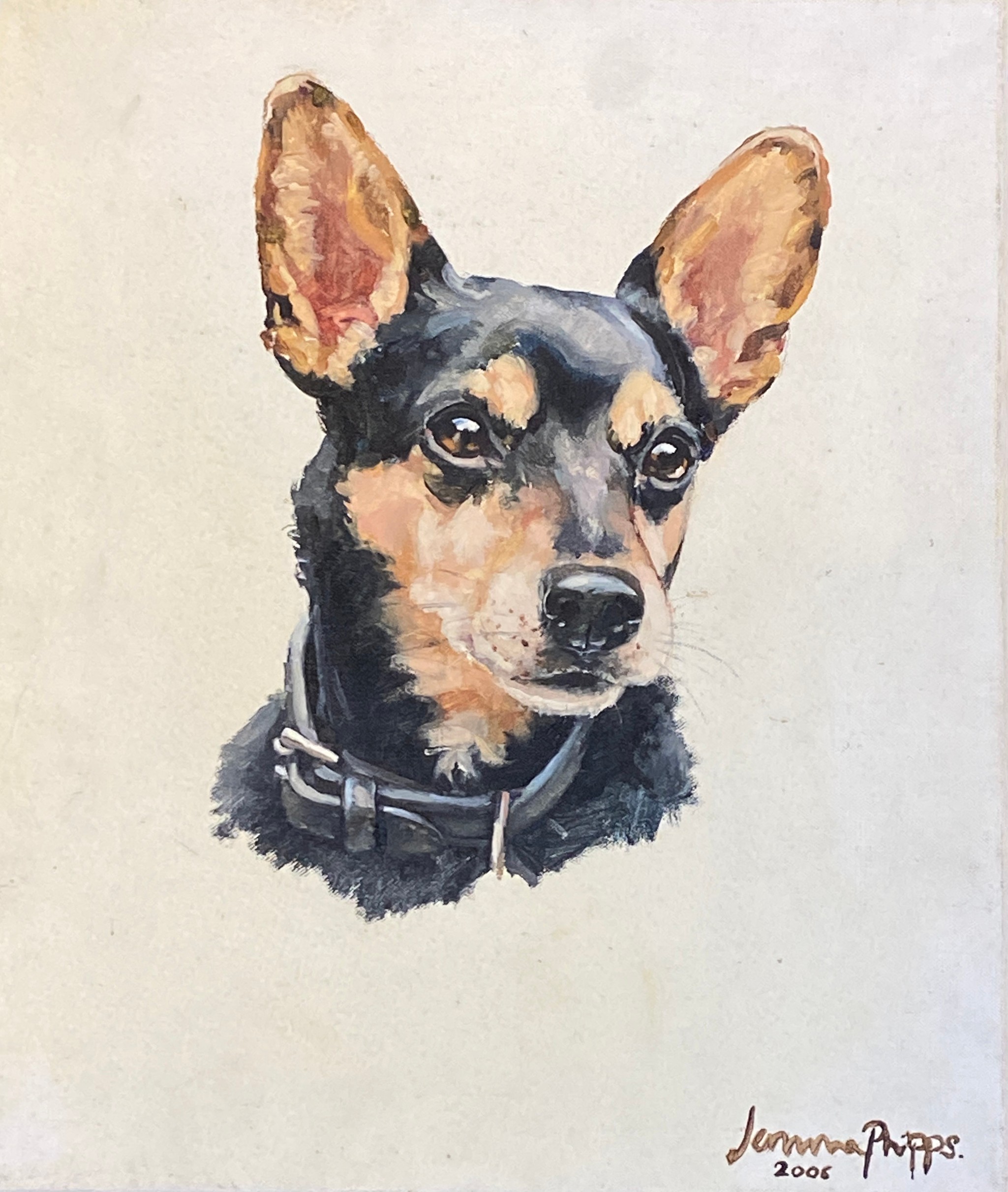 Jemma Phipps (b.1977), oil on canvas study of a miniature pinscher, signed and dated 2002, 30.5x25.