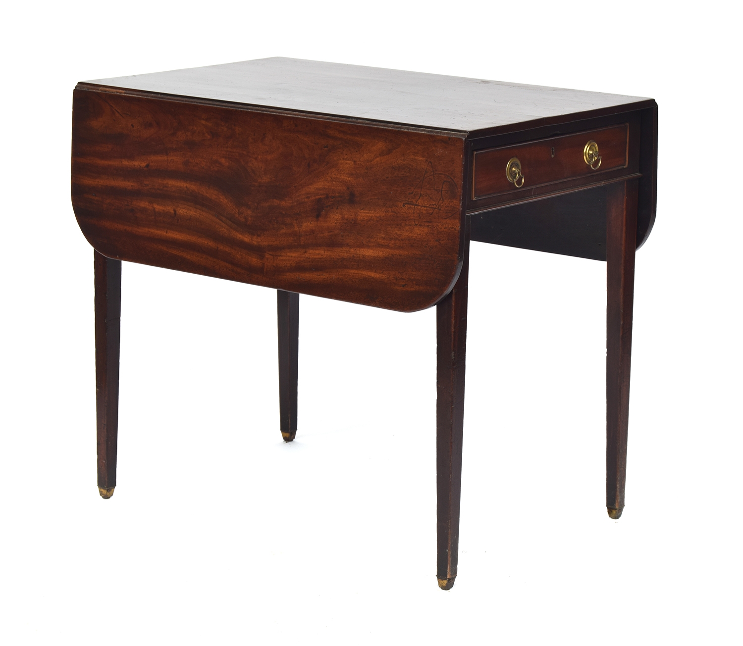 A George III mahogany Pembroke table, single end drawer on square tapered legs with brass caps, 81cm