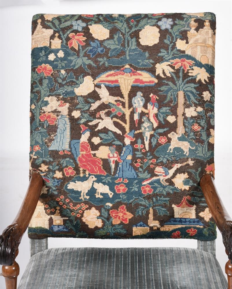 An early 18th century Continental walnut high back armchair, the back upholstered with needlework - Image 2 of 2