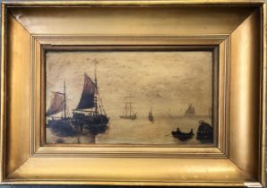 19th century oil on board, tall ships on a calm sea, 13x23.5cm
