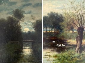 William Frederick Hulk (British, 1852-1922), two small oils on panel, moonlit river and swans by