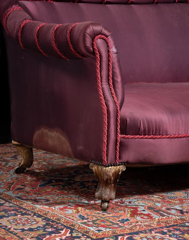 An early Victorian giltwood and upholstered sofa, c.1840, by Hampton & Sons, Pall Mall, with stamped - Image 2 of 4