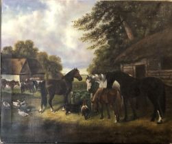 20th century oil on canvas, study of horses and farmyard animals, 50.5x61cm