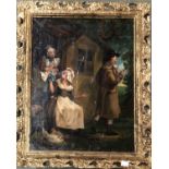 An oil painting on board of a rural scene with peasants, in gilt frame, 44x34cm