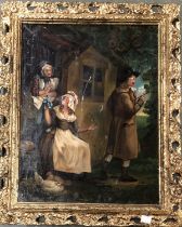 An oil painting on board of a rural scene with peasants, in gilt frame, 44x34cm