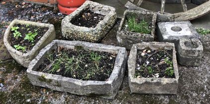 Five various stone planters, the largest approx 62x43cm, etc
