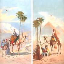 John Coulson (fl.1920-1927), a pair of oils depicting camels and riders, one with the pyramids in