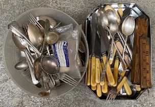 A quantity of plated flatware; bone handled knives; small silver handled knife with stainless