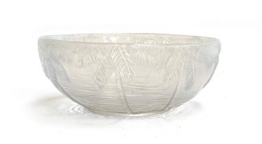 A 1930s Barolac opaline glass fruit bowl relief moulded with palm trees, 22cmD