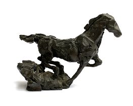 A resin sculpture of a galloping horse (af), signed indistinctly and dated 'Lon '02, 25/5', 15cmH
