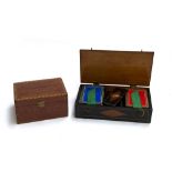 A wood cased bridge set, the wooden box with painted detail, 20cmW; together with a blue velvet