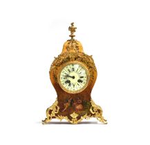 A French giltwood and ormolu mantel clock, in the manner of Vernis Martin, of bombe form, the enamel