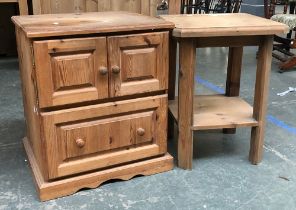 A square pine side table, 45x45x60cmH; together with a further pine cabinet, 52cmW