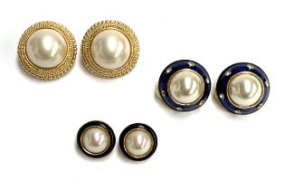 A pair Grosse faux pearl and black enamel clip-on earrings, 1.7cmD; together with a large pair of
