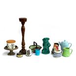 A Burlington ware green glazed toby jug; Kelsboro ware toby jug; turned wooden candlestick holder;