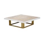 A travertine and white marble square low centre table, of recent manufacture, on a brushed metal bas