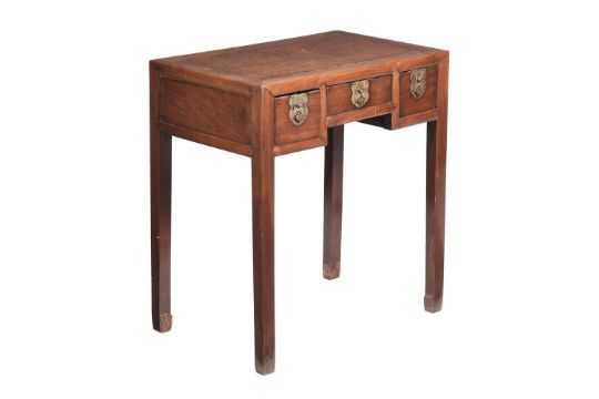 A Chinese hardwood and burr elm side table, Republican, with arrangement of three drawers, 74cm - Image 1 of 3