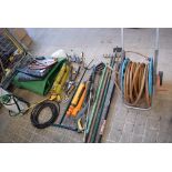 Assorted gardening items, including spray tanks, garden sprays, hose pipe, assorted hand tools -