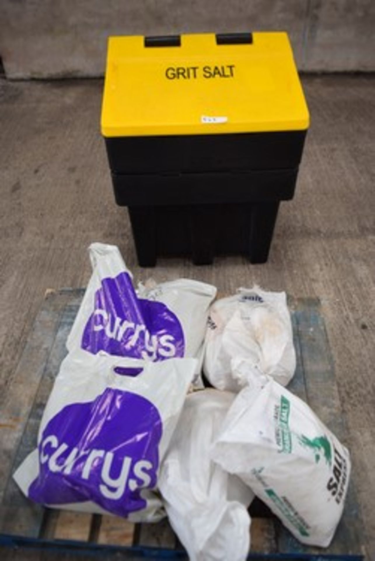 2 x black and yellow PVC grit salt bins and 4 x bags of rock salt, 1 x bag of granular salt - new (