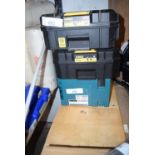 3 x empty toolboxes comprising 1 x Makita DGA 463RJJ toolbox, 1 x DeWalt DCG418T2 toolbox and 1 x