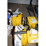 2 x Defender extension reel, 110v x 25m, 2 outlets and 2 x Carroll & Meynell 230/110v transformer,
