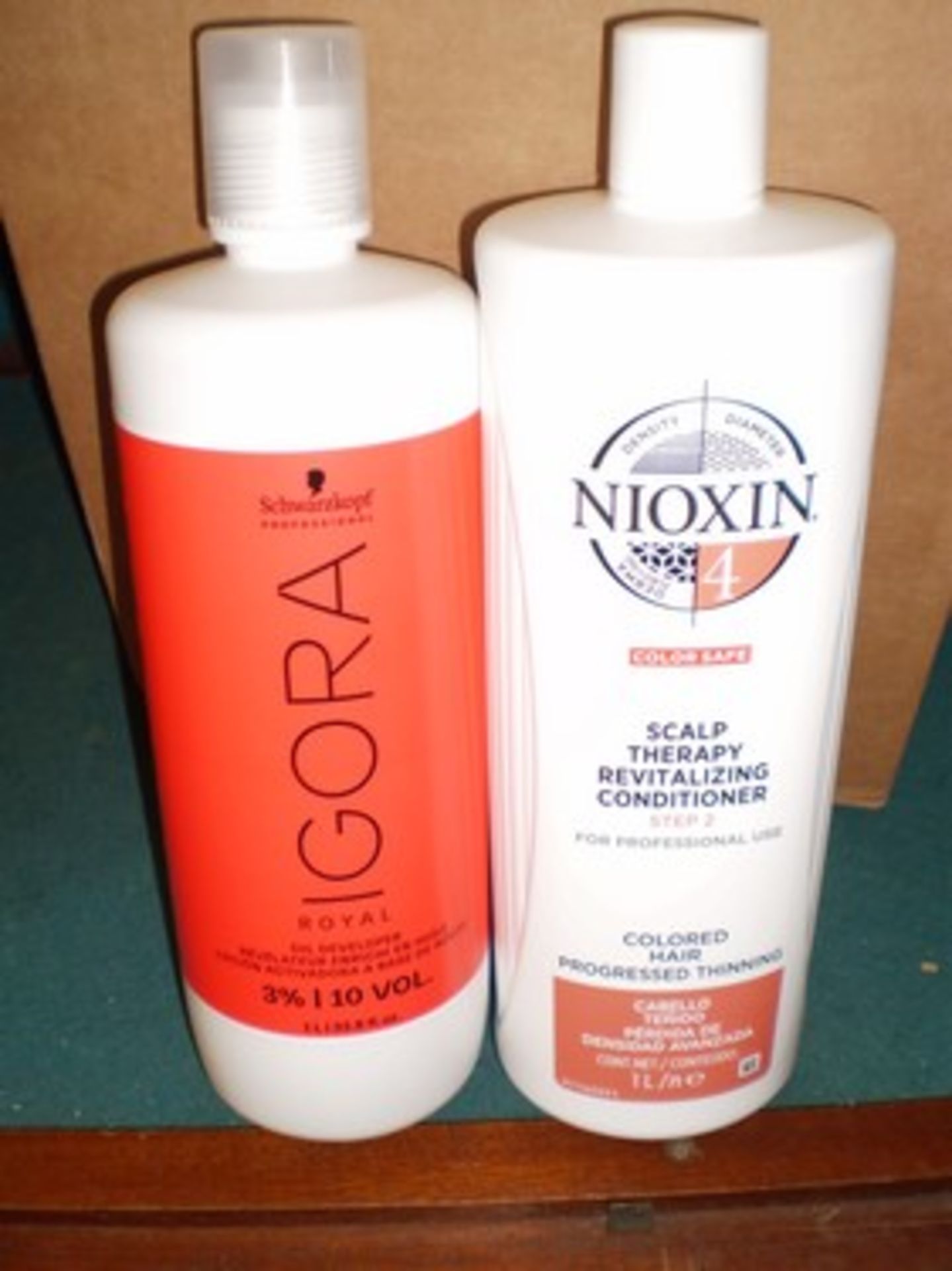 6 x 1L bottles of Schwarzkopf Gora oil developer and 3 x 1L bottles of Nioxin scalp therapy