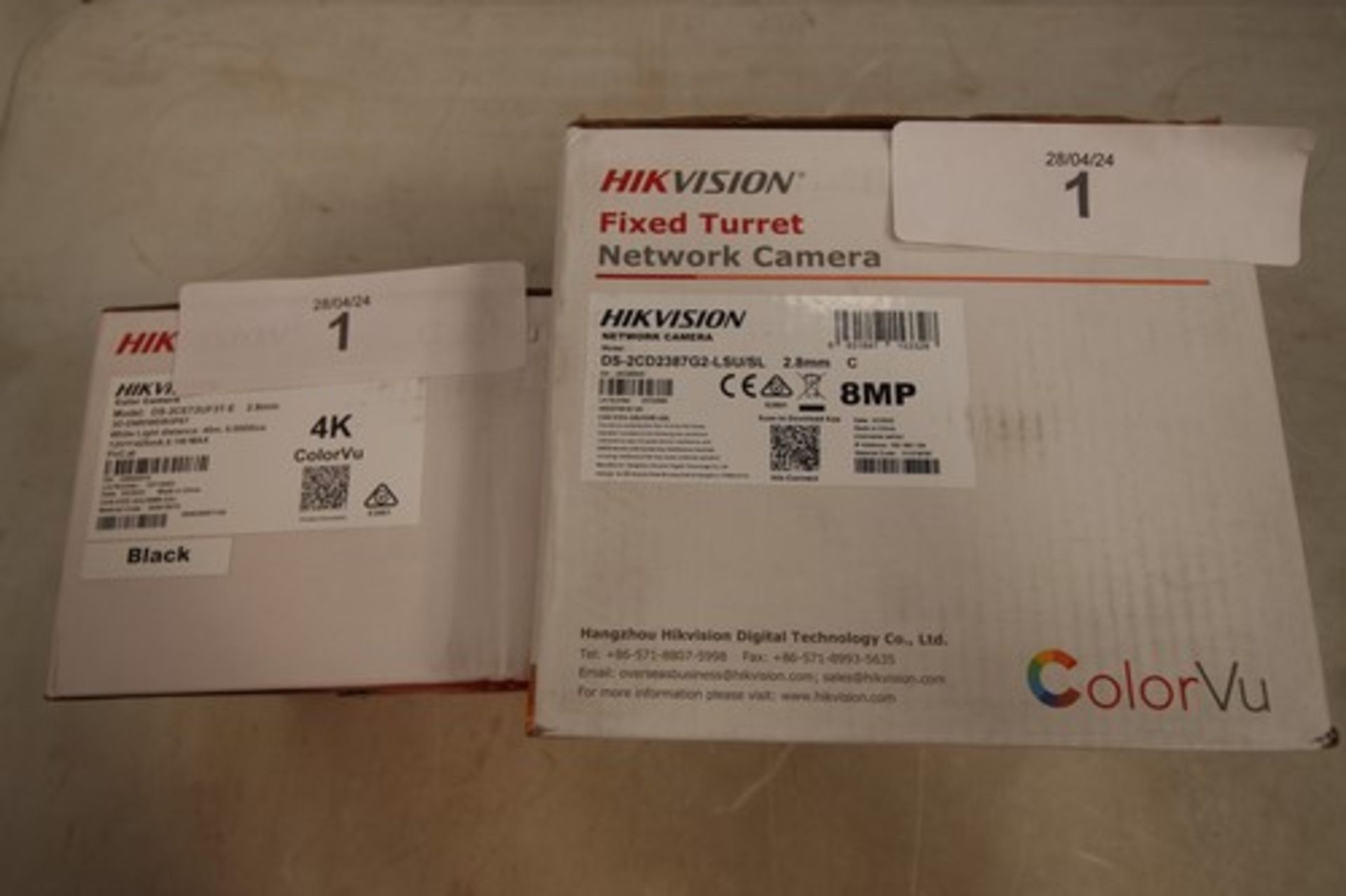 1 x Hikvision ColorVu fixed turret 8MP network camera, Model DS-2CD2387G2 LSU/SL and 1 x Hikvision
