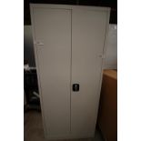 1 x Adexa white 2 door lockable cupboard, size unknown, cosmetic damage to side panel together