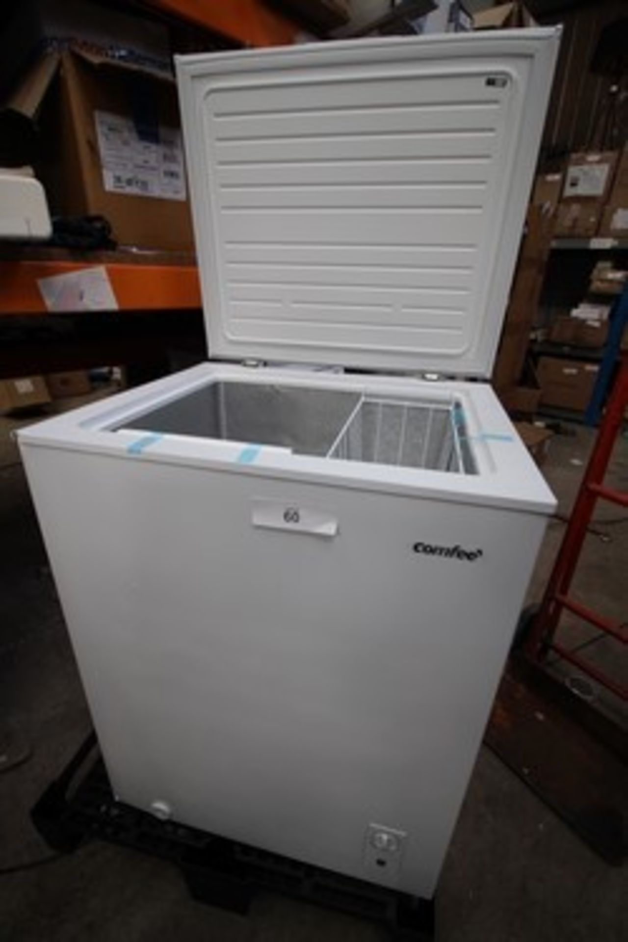 1 x Comfee chest freezer, Model 483RCC143WH, split inside edge of door, dented to front corner and