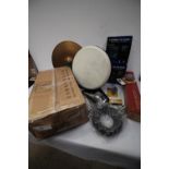 A selection of musical equipment, including Waltons Classic Bodhran drum, piano bench, 4 channel