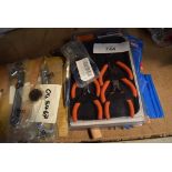 Assorted hand tools including wrenches, pliers, files, drill bits, 1 x Geberit body only ACO 203,