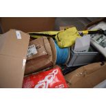 A box of assorted items, including 1 x Ropeman 4 x 12M tarpaulin reel of polyprop blue rope,