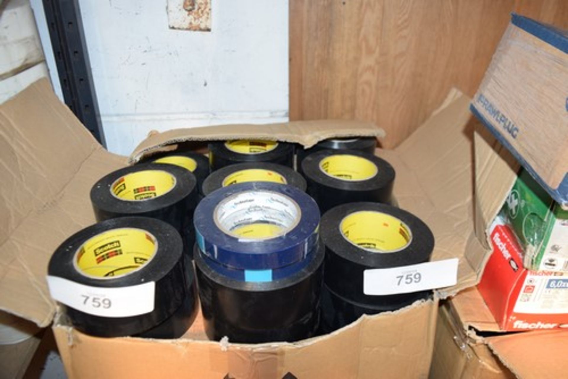 43 x Scotch black PVC tape, 50mm wide and 2 rolls of blue Technotape, 20mm wide - new (GS0)