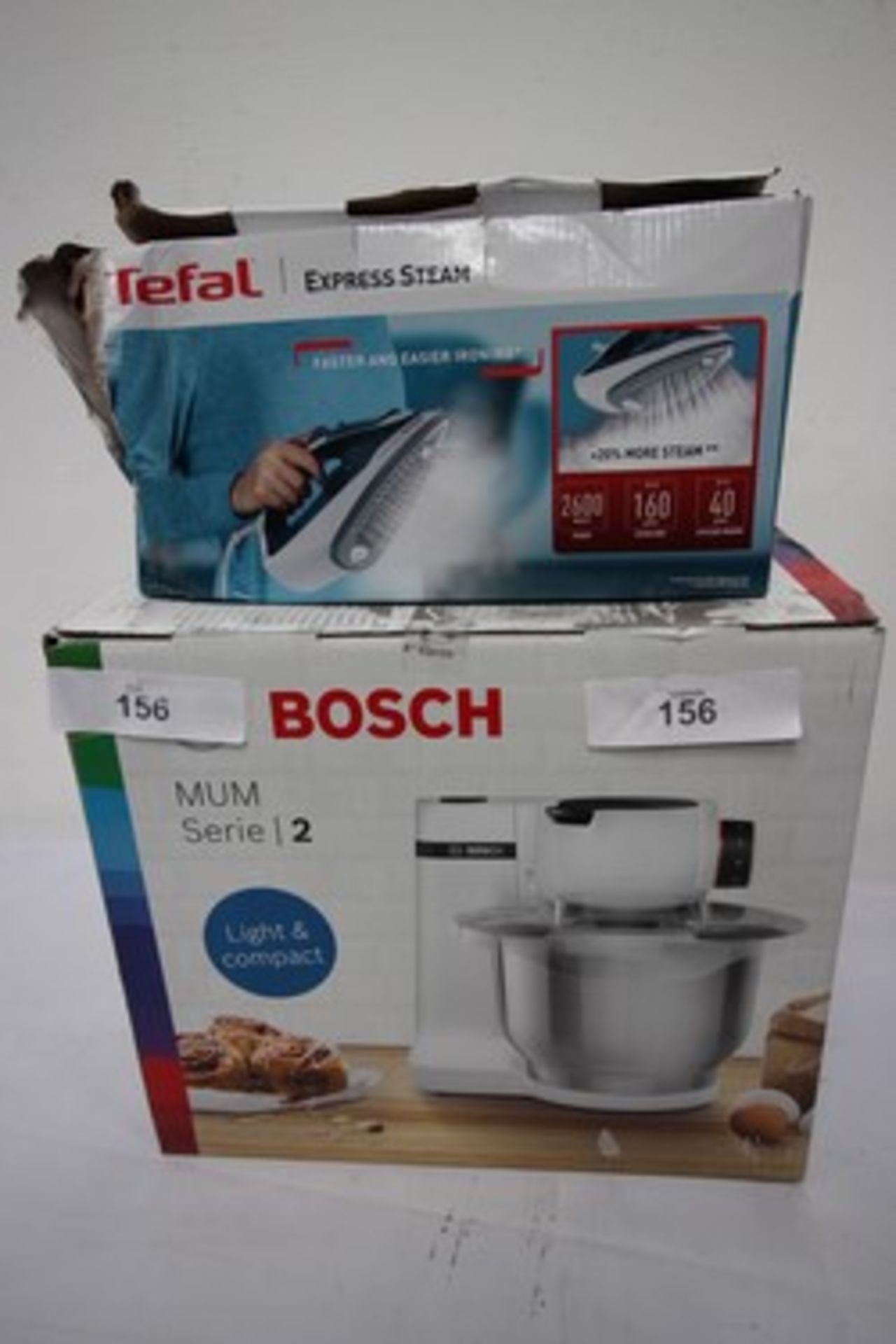 1 x Bosch Mum Serie 2 compact food processor, Model MUMS2EWOOG, together with 1 x Tefal steam iron