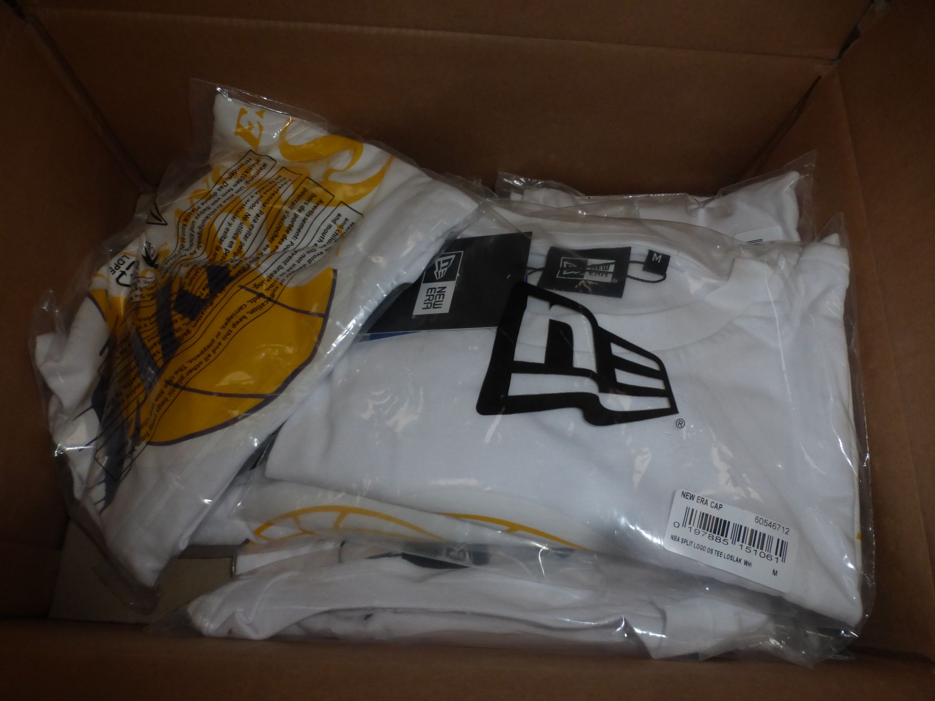 6 x New Era Cup NBA Lakers OS t-shirts and 1 x Addidas tracksuit bottoms and 1 x Nike waterproof