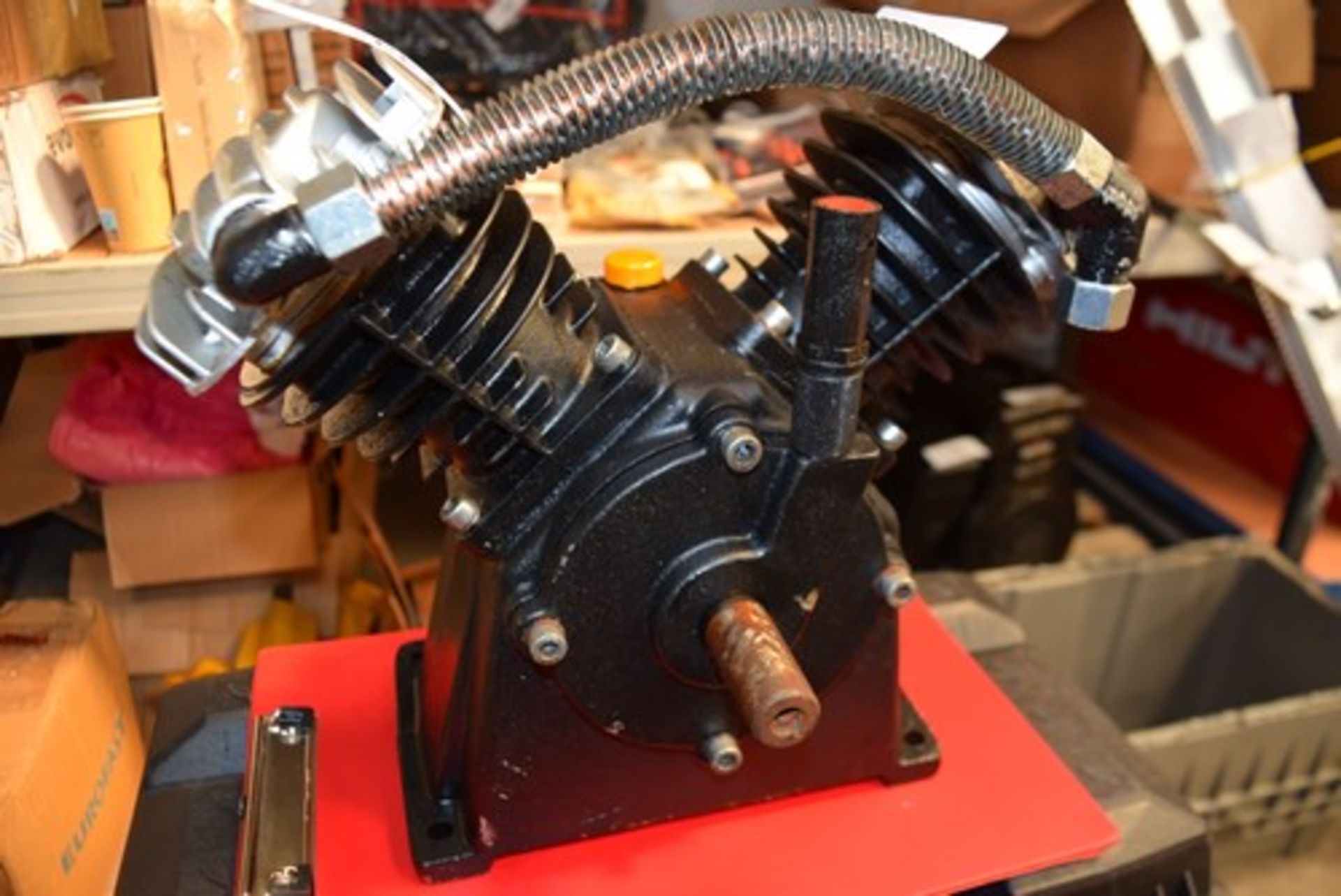 1 x Vee shape 2 cylinder air compressor, maybe reconditioned, no manufacturer's mark - no motor,