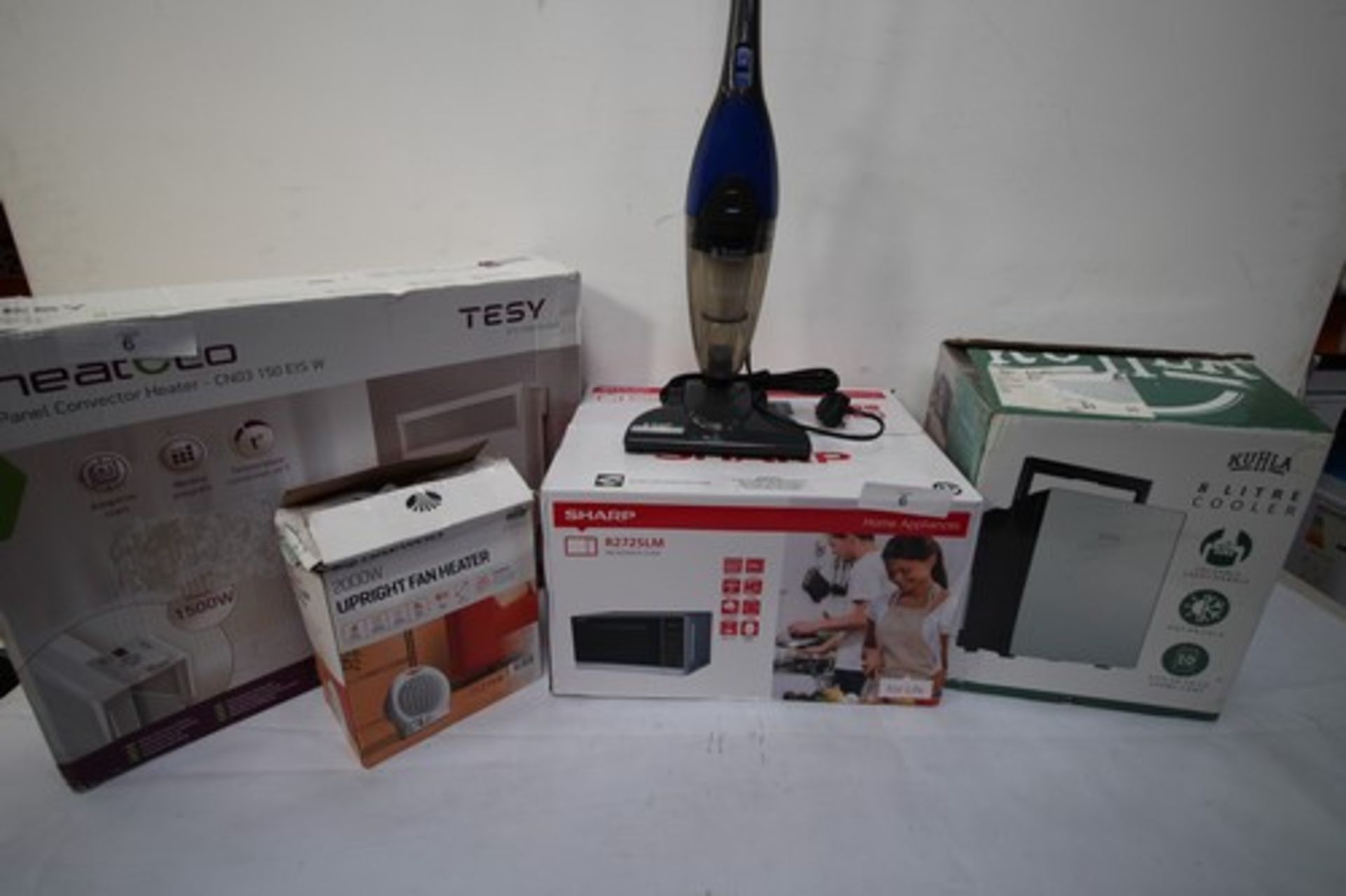 4 x electrical items, including Sharp R272SLM microwave, Kuhla 8L cooler, Daewoo and Tessy heaters -