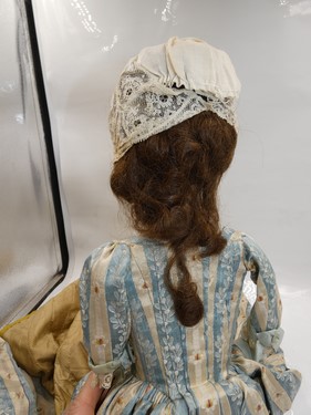 A rare 18th Century English gesso covered wooden doll, inset dark eyes, painted dotted eyelashes and - Image 8 of 10